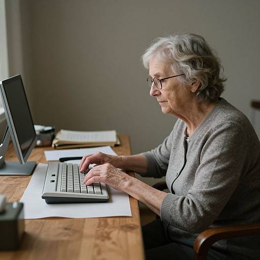 Photograph of an elderly woman with short gray hair and glasses, wearing a gray cardigan, typing on a laptop at a wooden desk.