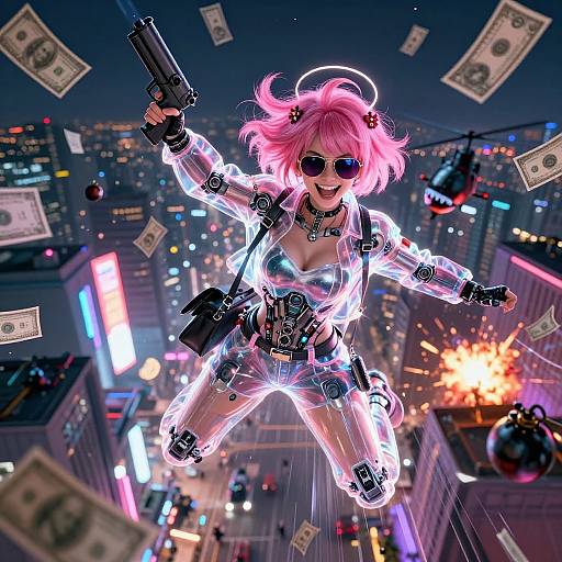Digital artwork: Neon-lit, cyberpunk cityscape. Pink-haired, glowing, transparent-clad woman with sunglasses and guns, mid-air, money