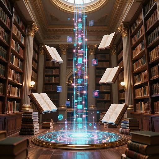 Futuristic Ancient Library with Holograms