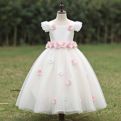 Photograph of a white, off-shoulder, floral-embellished, full-skirted dress on a mannequin in a grass