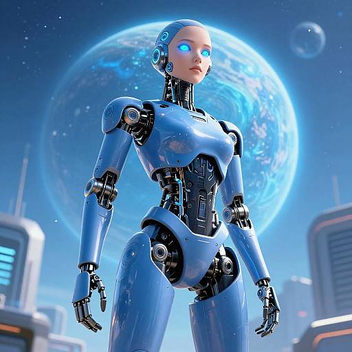 CGI image of a blue, humanoid robot with glowing blue eyes, standing in front of a large, illuminated Earth in space. Futuristic cityscape