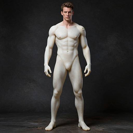 Photograph of a muscular, nude Caucasian man with white-painted skin, standing against a dark, textured background, displaying a serious expression.