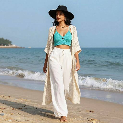 Photograph of a woman walking on a sunny beach, wearing a black hat, turquoise crocheted top, white high-waisted pants, and