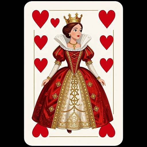 Digital illustration of a fair-skinned woman in a red and gold royal dress with puffed sleeves, white ruffled collar, and crown, surrounded by