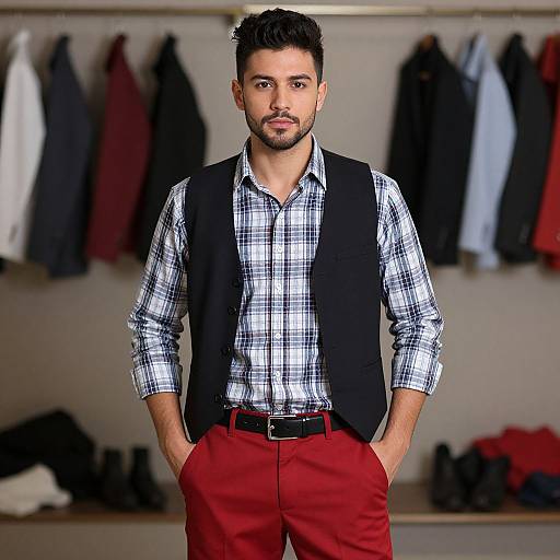 Stylish Young Man in Plaid Shirt and Red Pants