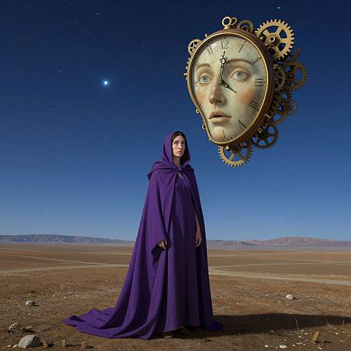 Photograph-style digital art: A woman in a deep purple hooded cloak stands in a barren desert under a starry night sky, with a large