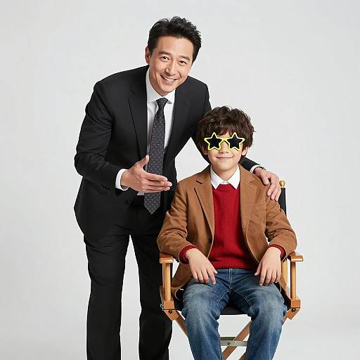 Smiling Duo: Suit and Sweater Style