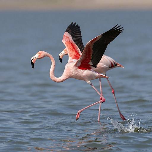Dynamic Leap of Pink Flamingos in Water
