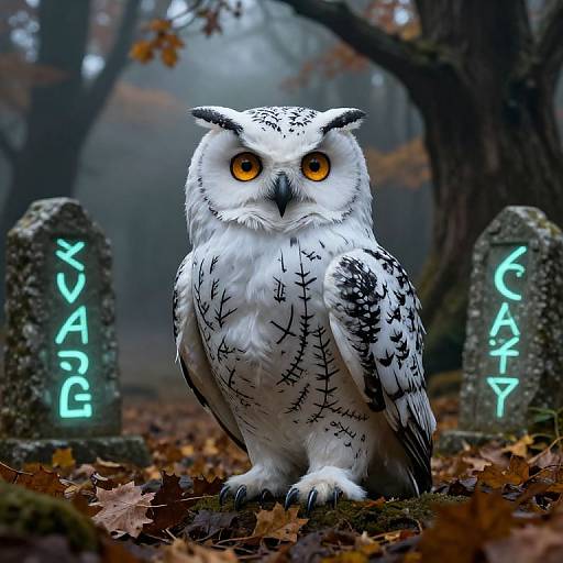 Photograph of a white owl with black patterns, glowing orange eyes, standing between two gravestones with neon 