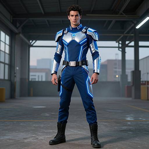 Photorealistic CGI of a muscular man in a futuristic blue and silver armored suit, standing in a dimly lit industrial warehouse.
