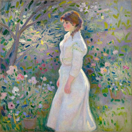 Impressionist painting of a woman in a white dress standing in a vibrant, colorful garden with blooming flowers and lush greenery.