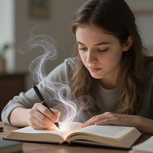 Photograph of a young woman with long brown hair, writing with a glowing pen on an open book, surrounded by ethereal blue smoke. She wears