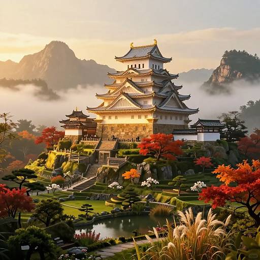 Photograph of a traditional Japanese castle with multiple tiered roofs, surrounded by autumn foliage, a serene pond, and misty mountains at sunrise.