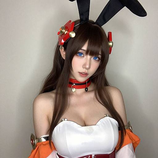 Photograph of a fair-skinned woman with long brown hair, blue eyes, wearing a white strapless top, red choker, black bunny ears