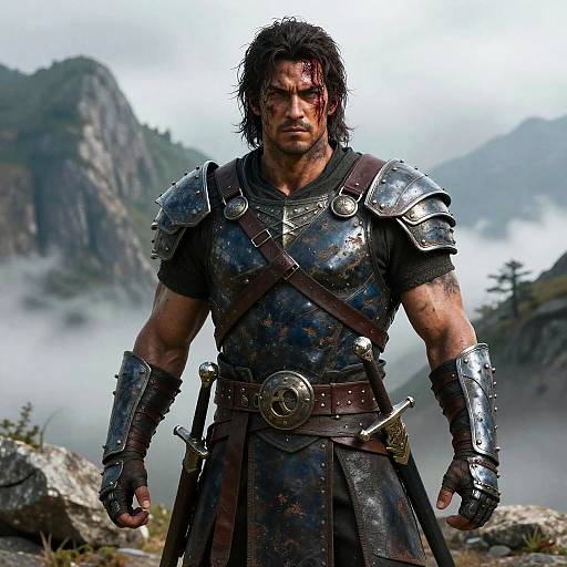 Photograph-style CGI of muscular, bloodied man with messy black hair, wearing metallic armor, brown leather belt, and dark tunic, standing in