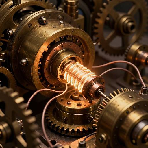 Photograph of glowing, coiled electrical wire in a brass mechanical gear with interlocking gears in the background, creating a steampunk aesthetic. Warm