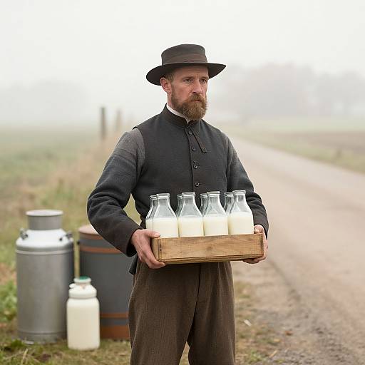 Photograph of a bearded man in black Victorian attire, black hat, holding wooden tray with four glass milk bottles, standing on rural dirt road with