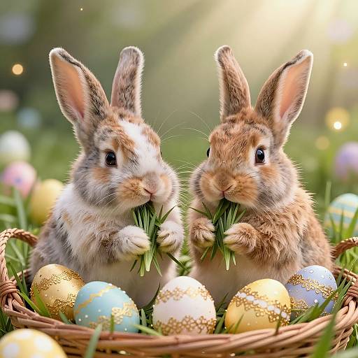 Photograph of two fluffy brown and white baby rabbits in a wicker basket, holding grass, surrounded by colorful, glittery Easter eggs in a sun