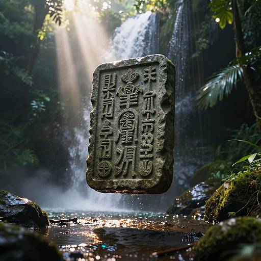 Levitating Rune Stone Over Jungle Waterfall