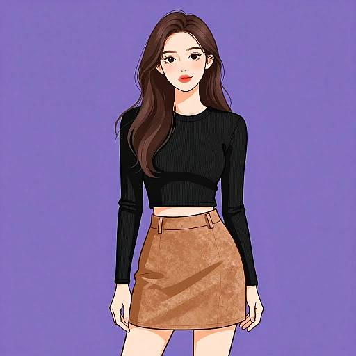 Digital anime-style drawing of a young woman with long brown hair, wearing a black long-sleeve crop top and brown suede skirt, against a solid