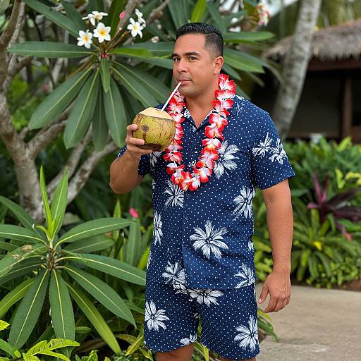 Photograph of a muscular, tan-skinned man with short black hair, wearing a navy blue floral shirt and matching shorts, coconut drink, red and
