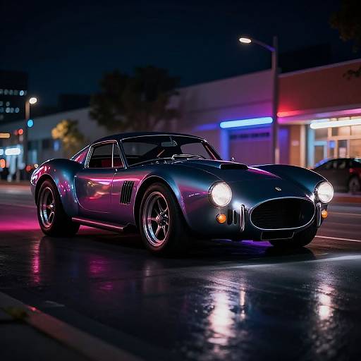 Photograph of a shiny, neon-lit, blue convertible sports car with bright headlights, parked on a wet, urban street at night.