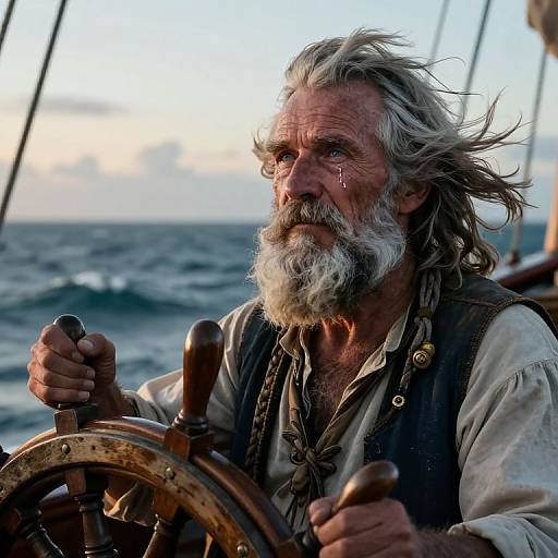 Photograph of an aged, weathered sea captain with a long white beard, holding ship wheel, set against a sunset ocean background.