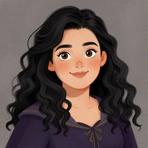 Digital illustration of a smiling young woman with wavy black hair, fair skin, brown eyes, freckles, and wearing a dark purple top against