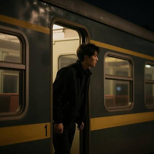 Mysterious Man Leaning from Night Train