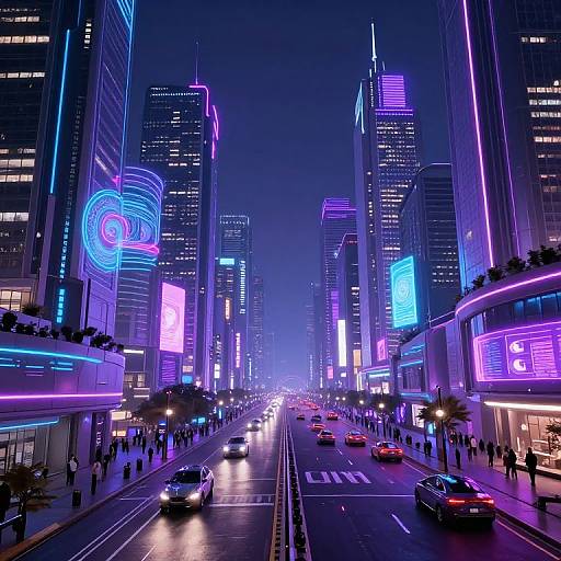 Neon-lit, futuristic city street at night with glowing skyscrapers, neon signs, and illuminated cars on a wet road. Digital artwork.