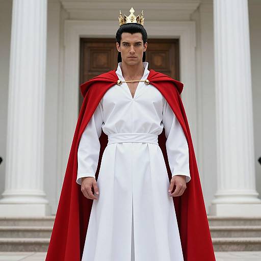 Photograph of a muscular man with dark hair, wearing a gold crown, white robe, and red cape, standing in front of a white building with
