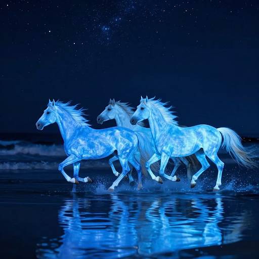 Luminous Blue Horses on Ocean