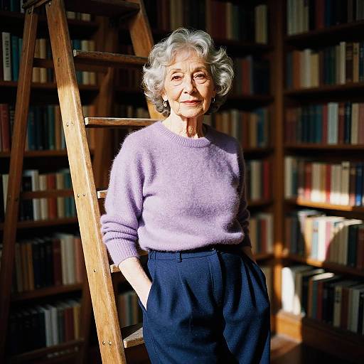 Photograph of an elderly woman with short white hair, wearing a lavender sweater and navy pants, standing beside a wooden ladder in a sunlit library with