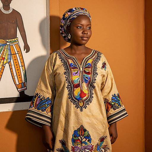 Photograph of a young African girl wearing a colorful, embroidered traditional dress and headwrap, standing against an orange wall with a painted figure in the background