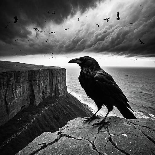 Surreal Fisheye Crow on Stormy Cliff