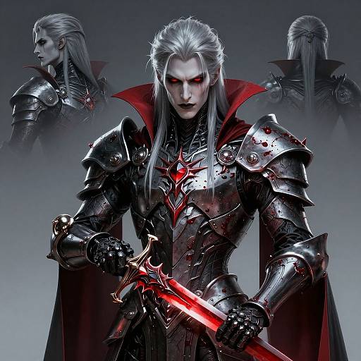 CGI digital artwork of a silver-haired, red-eyed, armored warrior with glowing red sword, red cape, and intricate black armor, shown from front