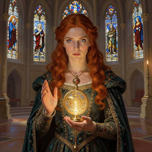 Digital art of a red-haired woman with fair skin, wearing an ornate dark green gown, holding a glowing, intricately designed golden orb in a