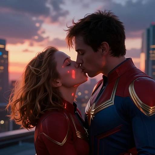 Photograph-style CGI of a romantic kiss between a blonde woman and a brown-haired man in red and blue superhero uniforms, set against a sunset city skyline