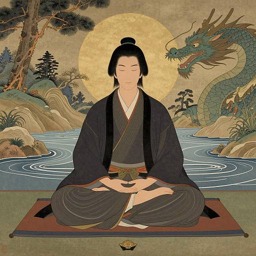 Traditional Japanese illustration of a serene woman in black kimono meditating by a pond, with a dragon overhead and a full moon behind her.