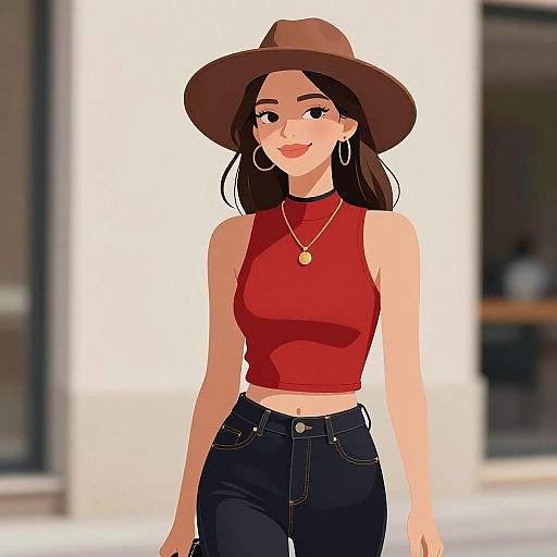 Digital illustration of a smiling woman with light skin, brown hat, red sleeveless top, black jeans, gold necklace, and hoop earrings.
