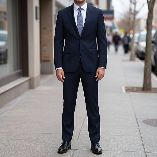 Photograph of a man standing on a city sidewalk, wearing a black suit, white shirt, and patterned tie, with black dress shoes. Bl