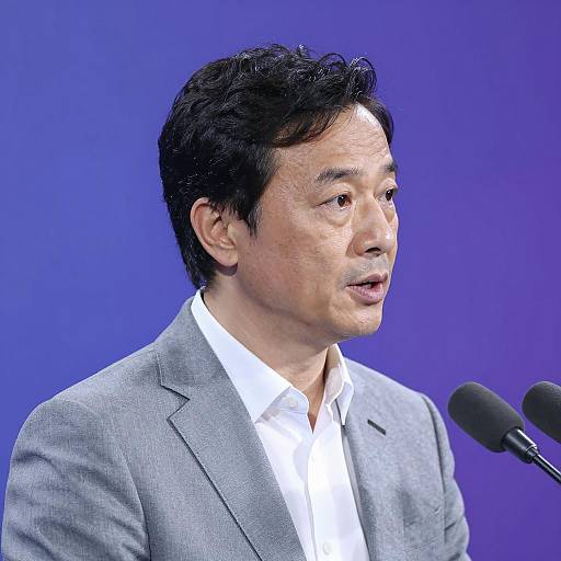 Middle-Aged Man Speaking into Microphones