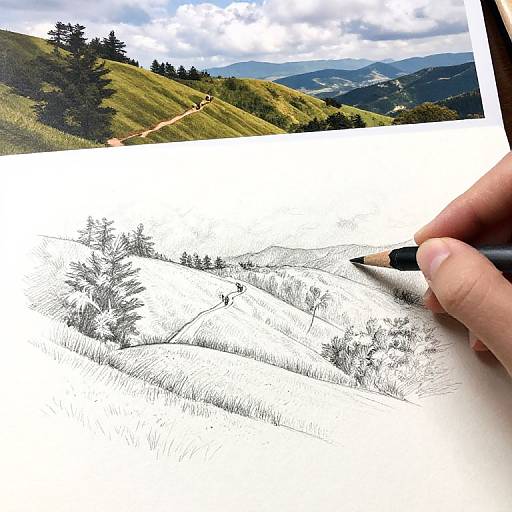 Photograph of a hand drawing mountain landscape in black ink, with a vivid outdoor view of green hills and cloudy sky above.