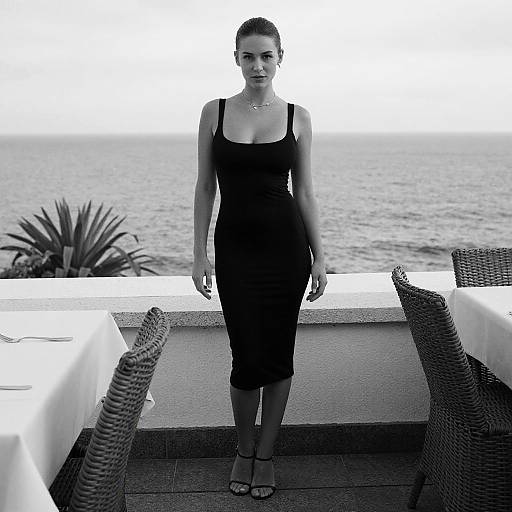 Elegant Woman in Black Dress on Rooftop