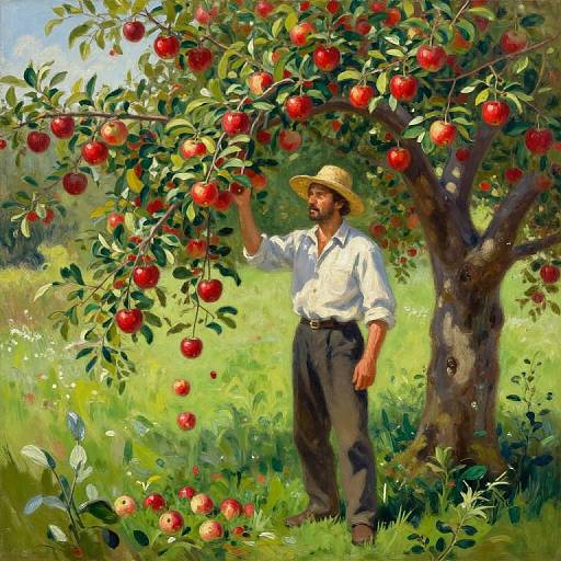 A bearded farmer in a straw hat and white shirt picks red apples from a lush tree in a vibrant, sunny orchard. Digital painting style.