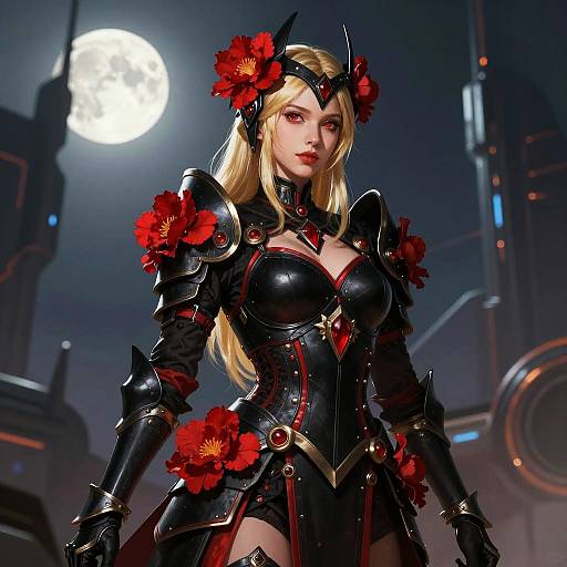 Blonde Warrior Woman in Black and Red Armor with Moonlit Sci-Fi Background