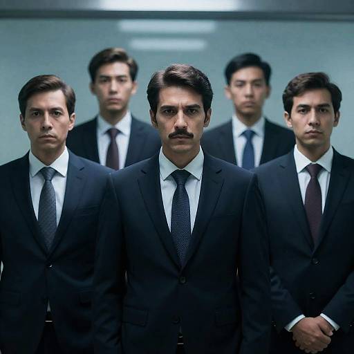 Five Men in Dark Suits with Intense Expressions