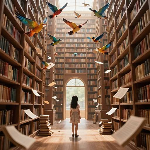 Photograph of a library with tall wooden bookshelves, colorful flying birds, and a girl in a plaid dress standing at an arched window
