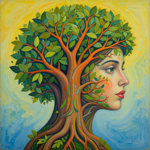 Digital painting of a woman's profile with a tree growing from her head, blending leaves and branches with her face, set against a vibrant yellow-blue gradient
