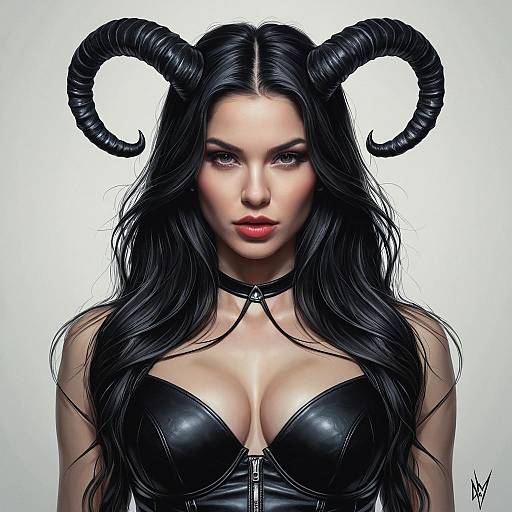 Confident Female Demon with Black Leather Lingerie